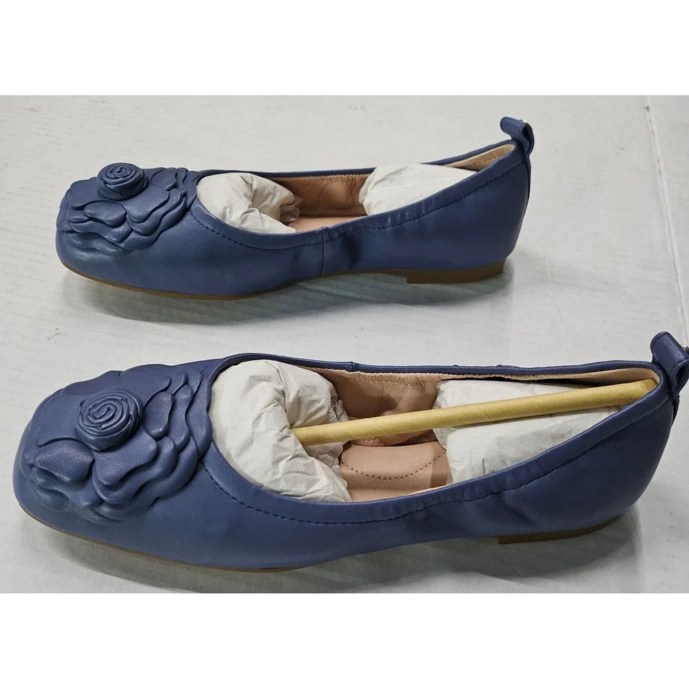 Taryn‎ Rose Rosalyn Blue Sheep Nappa Leather Rose Square Toe Ballet Flats 5.5M